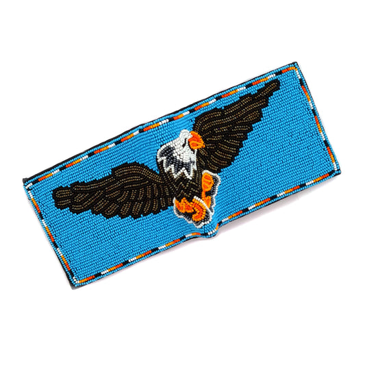 SKY-BLUE EAGEL Handmade beaded Leather Wallet seed bead  Native American Beadwork| traditional gifts for men and women