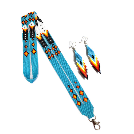 Sky-Blue beaded lanyard with matching Beaded Earrings, Native American Lanyard, beaded badge holder,ID card holder