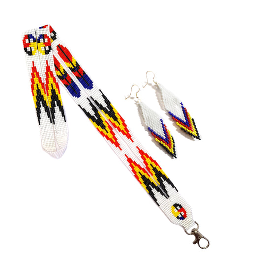 White Multi Feather beaded lanyard with matching Beaded Earrings, Native American Lanyard, beaded badge holder,ID card holder