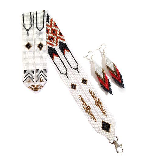 White Feather beaded lanyard with matching Beaded Earrings, Native American Lanyard, beaded badge holder,ID card holder