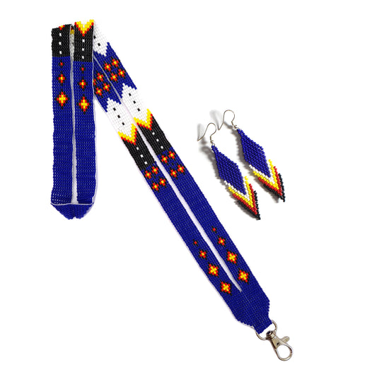 Blue Feather beaded lanyard with matching Beaded Earrings, Native American Lanyard, beaded badge holder, ID card holder