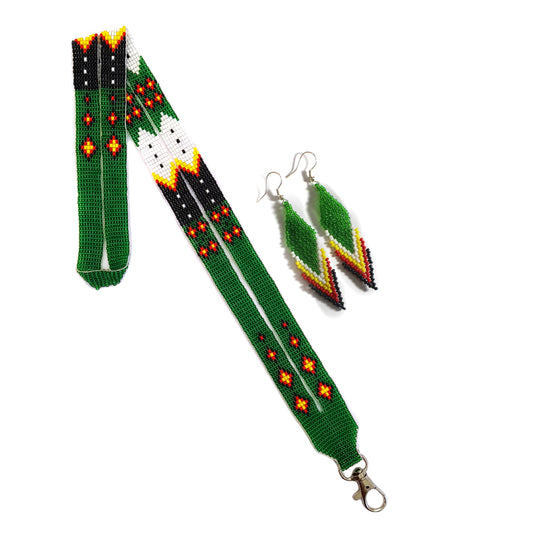 Green Feather beaded lanyard with matching Beaded Earrings, Native American Lanyard, beaded badge holder,ID card holder