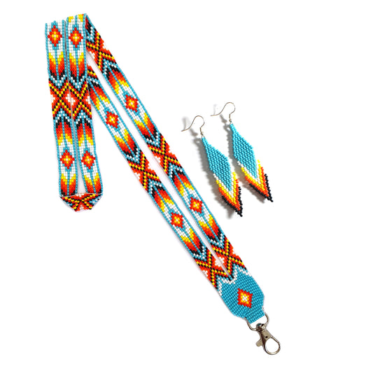 Sky-Blue Multi-Color beaded lanyard with matching Beaded Earrings, Native American Lanyard, beaded badge holder,ID card holder (Copy)