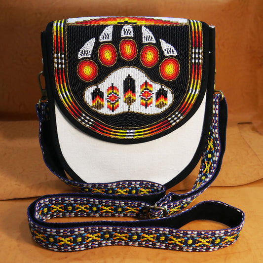 Handmade  Beaded Canvas Crossbody Bag , Shoulder Bag, Gift for Her, Gift for him ( Black Bear-Paw )