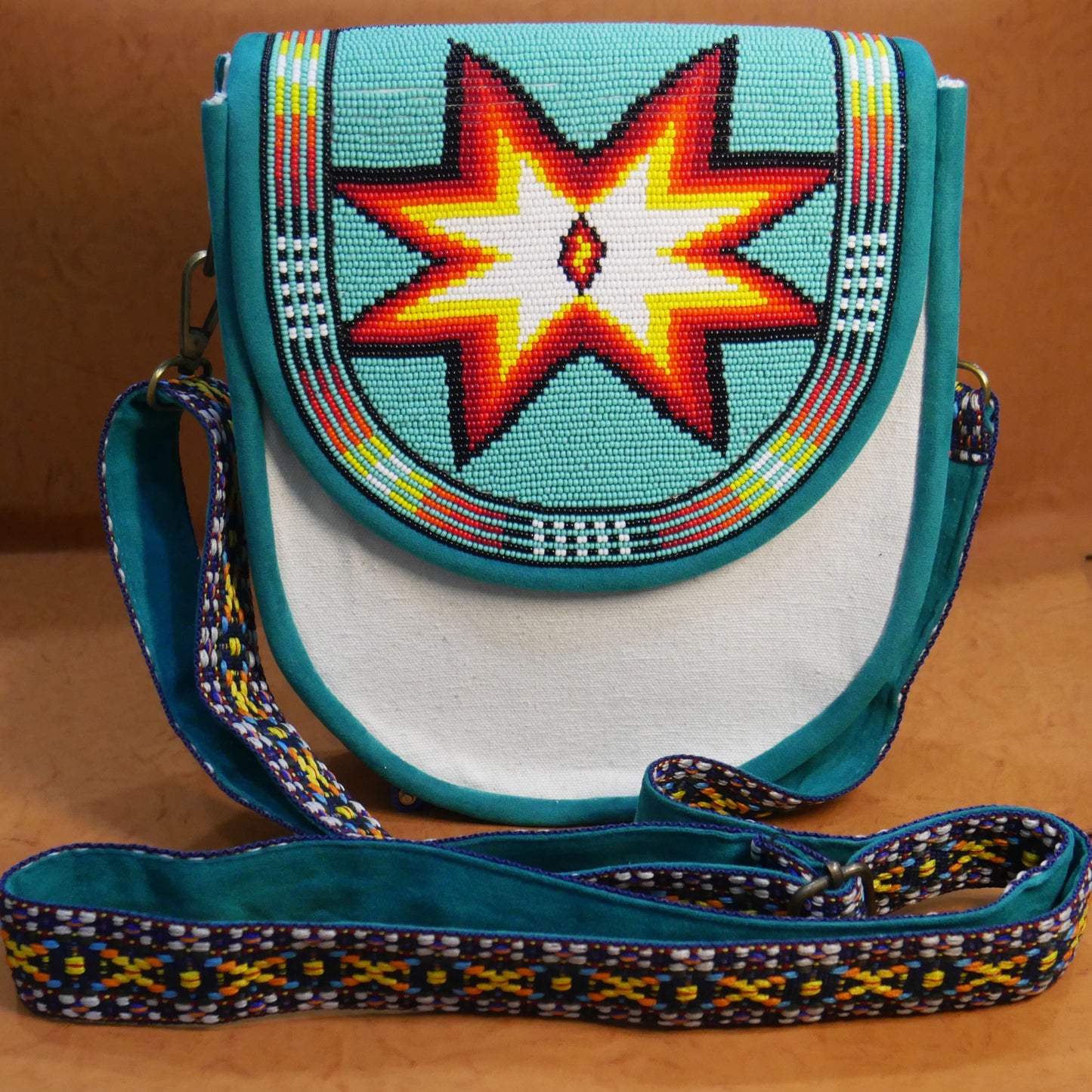 Handmade  Beaded Canvas Crossbody Bag , Shoulder Bag, Gift for Her, Gift for him (Turquoise Star)