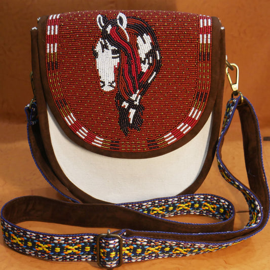 Handmade  Beaded Canvas Crossbody Bag , Shoulder Bag, Gift for Her, Gift for him (Brown Horse)
