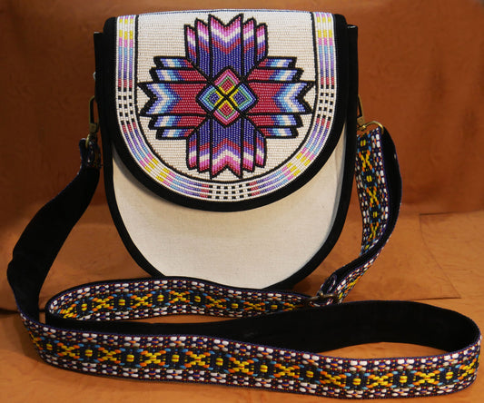 Handmade  Beaded Canvas Crossbody Bag , Shoulder Bag, Gift for Her, Gift for him (White Geometric)