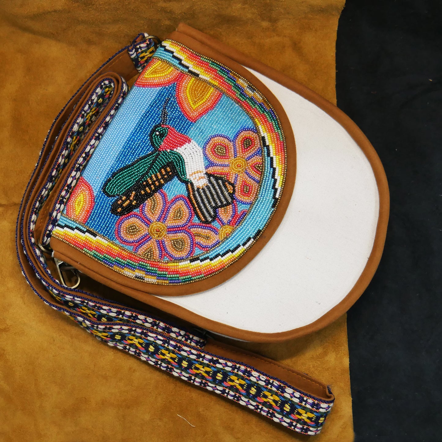 Handmade  Beaded Canvas Crossbody Bag , Shoulder Bag, Gift for Her, Gift for him ( Humingbird  )