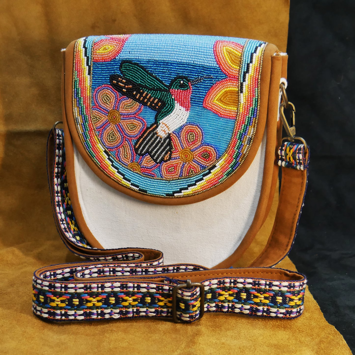 Handmade  Beaded Canvas Crossbody Bag , Shoulder Bag, Gift for Her, Gift for him ( Humingbird  )