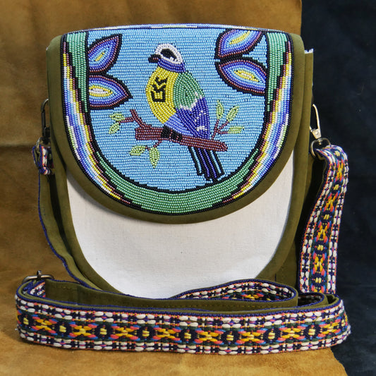Handmade  Beaded Canvas Crossbody Bag , Shoulder Bag, Gift for Her, Gift for him ( Green Bird )