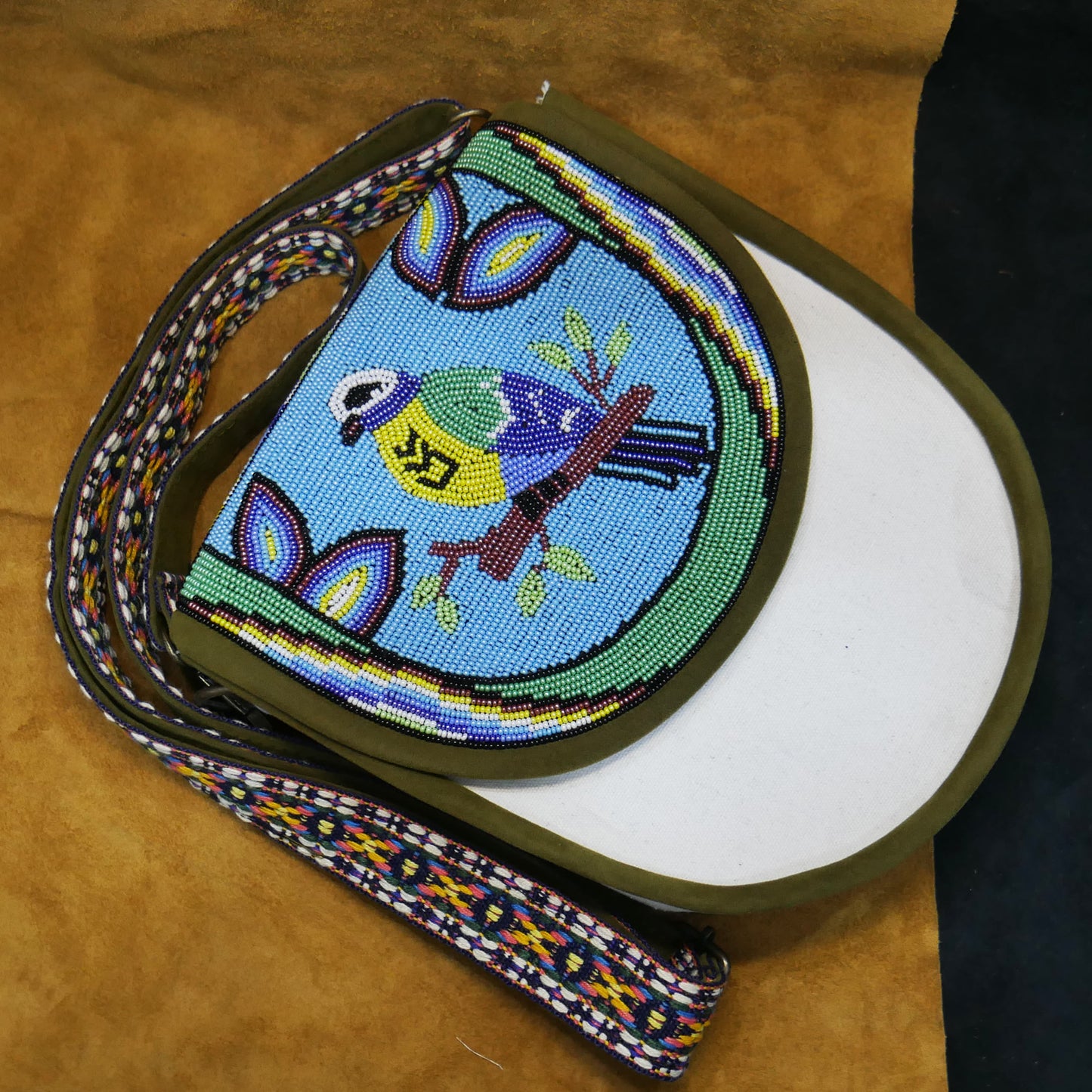 Handmade  Beaded Canvas Crossbody Bag , Shoulder Bag, Gift for Her, Gift for him ( Green Bird )