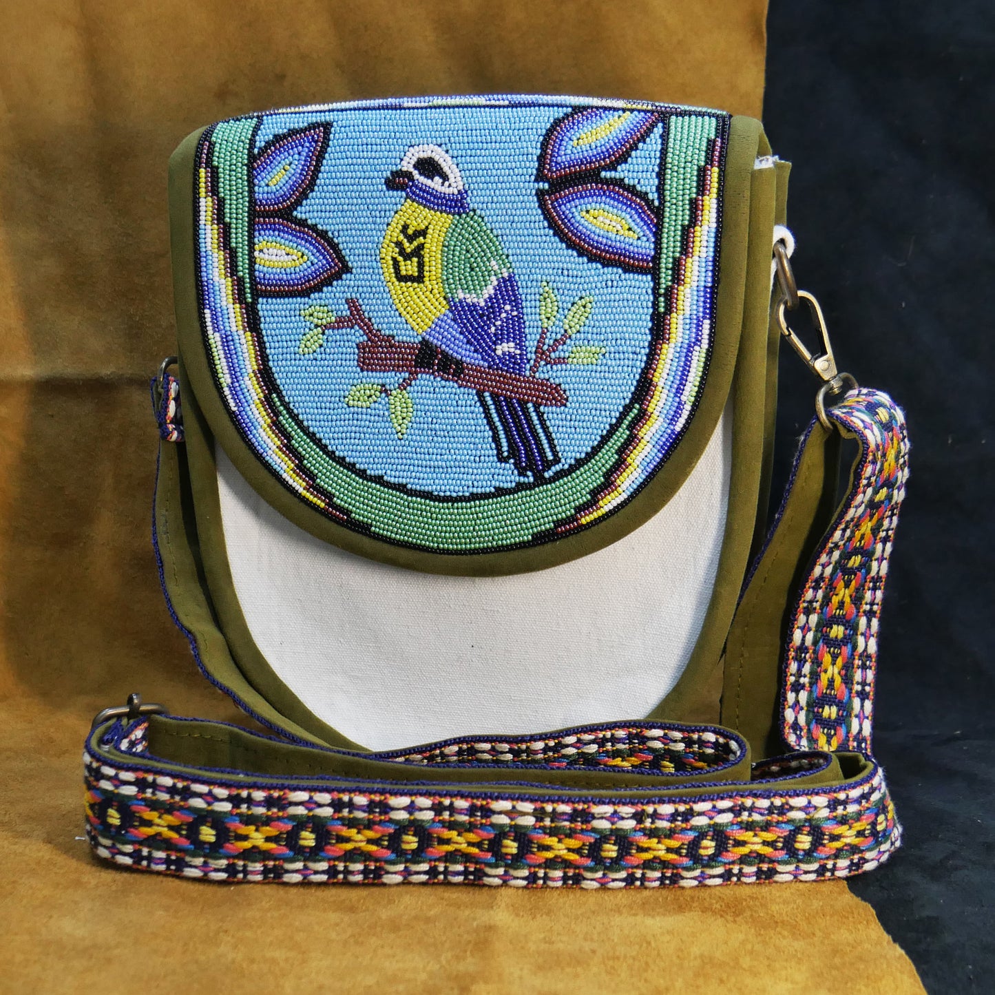 Handmade  Beaded Canvas Crossbody Bag , Shoulder Bag, Gift for Her, Gift for him ( Green Bird )