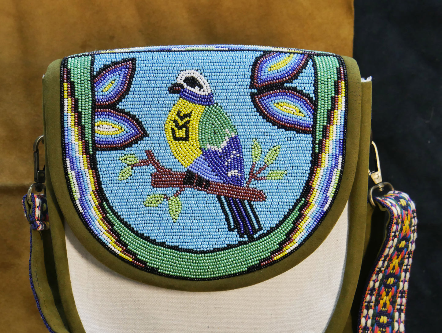 Handmade  Beaded Canvas Crossbody Bag , Shoulder Bag, Gift for Her, Gift for him ( Green Bird )