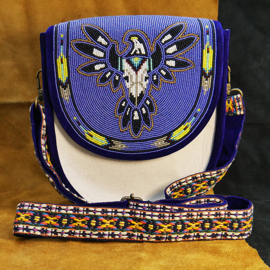 Handmade  Beaded Canvas Crossbody Bag , Shoulder Bag, Gift for Her, Gift for him ( Blue Skull Eagle)