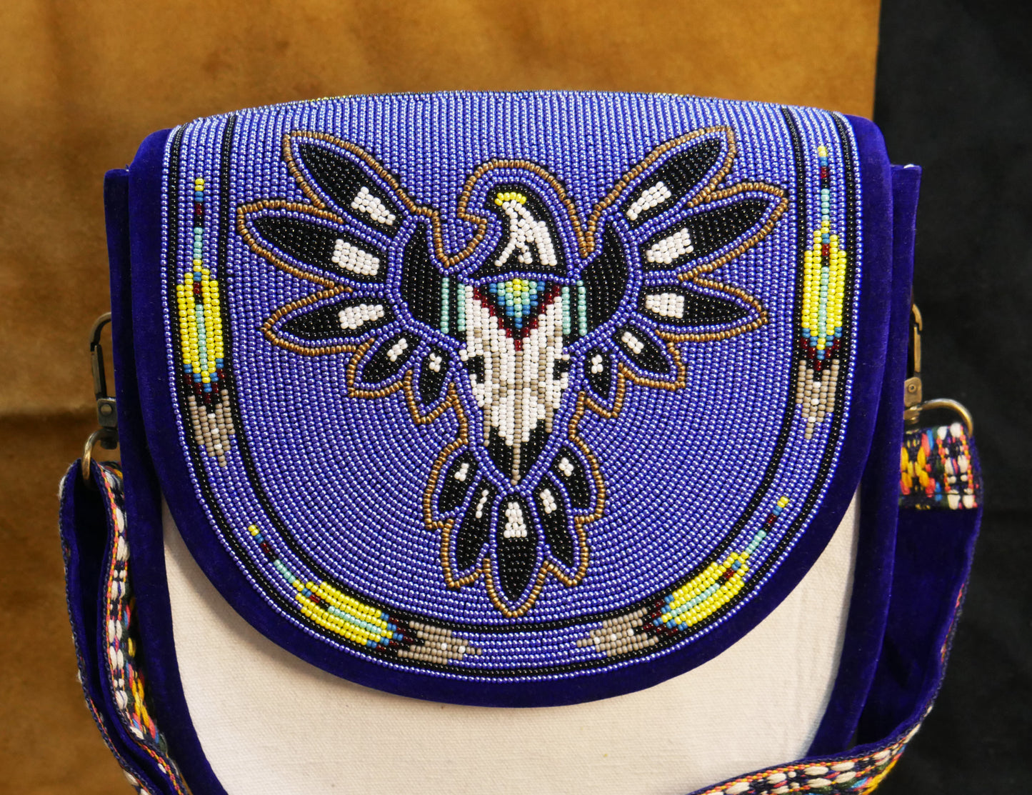 Handmade  Beaded Canvas Crossbody Bag , Shoulder Bag, Gift for Her, Gift for him ( Blue Skull Eagle)