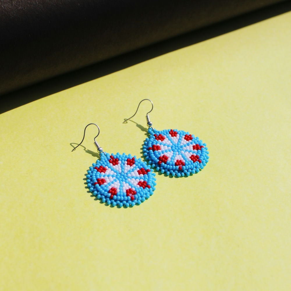 Sky-Blue Handmade Native American Seed Beads Beaded Earrings