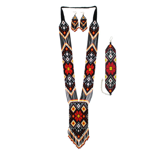 Black & Brown Flower Native American Beaded Necklace ( Handmade )