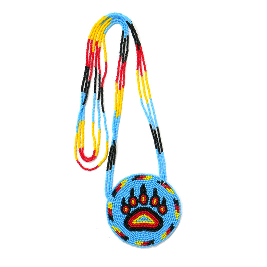 Sky-Blue Native American Beaded Bear Paw Medallion Necklace ( Handmade )