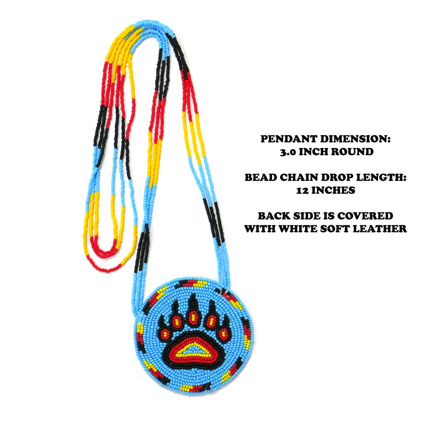 Sky-Blue Native American Beaded Bear Paw Medallion Necklace ( Handmade )