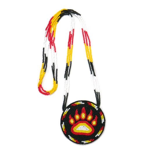 Black Native American Beaded Bear Paw Medallion Necklace ( Handmade )