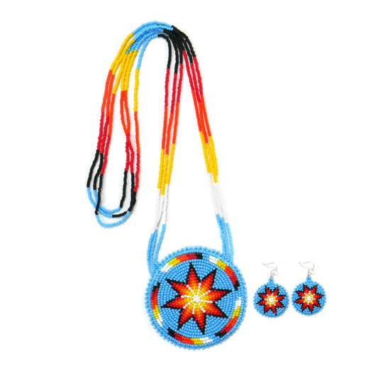 Sky-Blue Native American Beaded Morning Star Medallion Necklace With Beaded Earring ( Handmade )