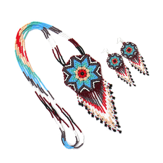 Multi-Color Native American Star Beaded Medallion Necklace ( Handmade )