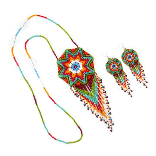 Green Multi-Color Native American Star Beaded Medallion Necklace ( Handmade )