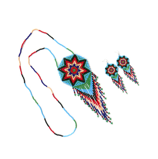 Sky-Blue  Multi-Color Native American Star Beaded Medallion Necklace ( Handmade )
