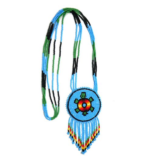 Sky-Blue Native American Turtle Beaded Medallion Necklace ( Handmade )
