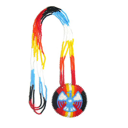 Red-Multi Native American Thunder Bird Beaded Medallion Necklace ( Handmade )