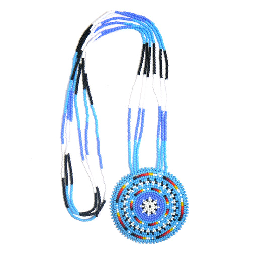 Sky-Blue Native American Geometric Beaded Medallion Necklace ( Handmade )