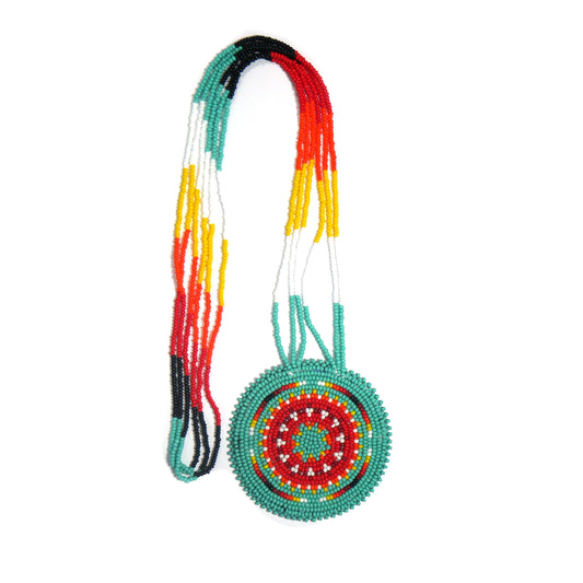 Turquoise Native American Geometric Beaded Medallion Necklace ( Handmade )