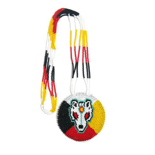 Multi-Color Native American 4 direction Wolf Beaded Medallion Necklace ( Handmade )