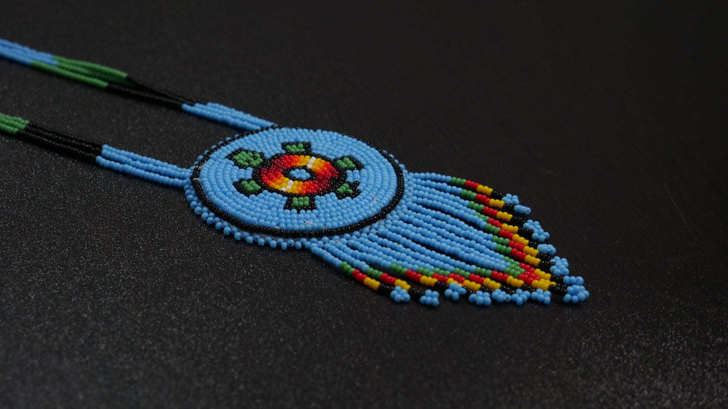 Sky-Blue Native American Turtle Beaded Medallion Necklace ( Handmade )