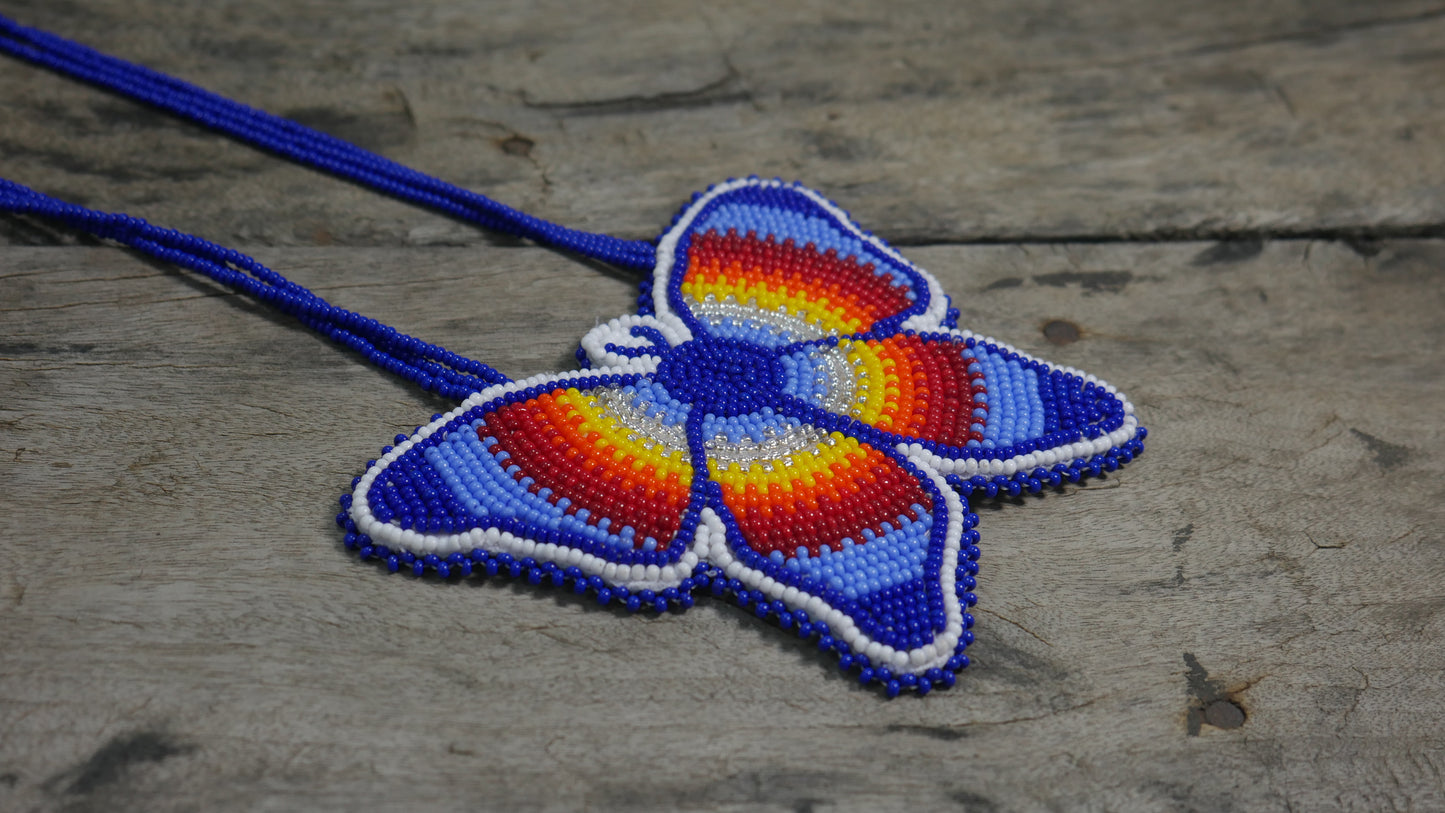 Blue Native American Butterfly Beaded Medallion Necklace ( Handmade )