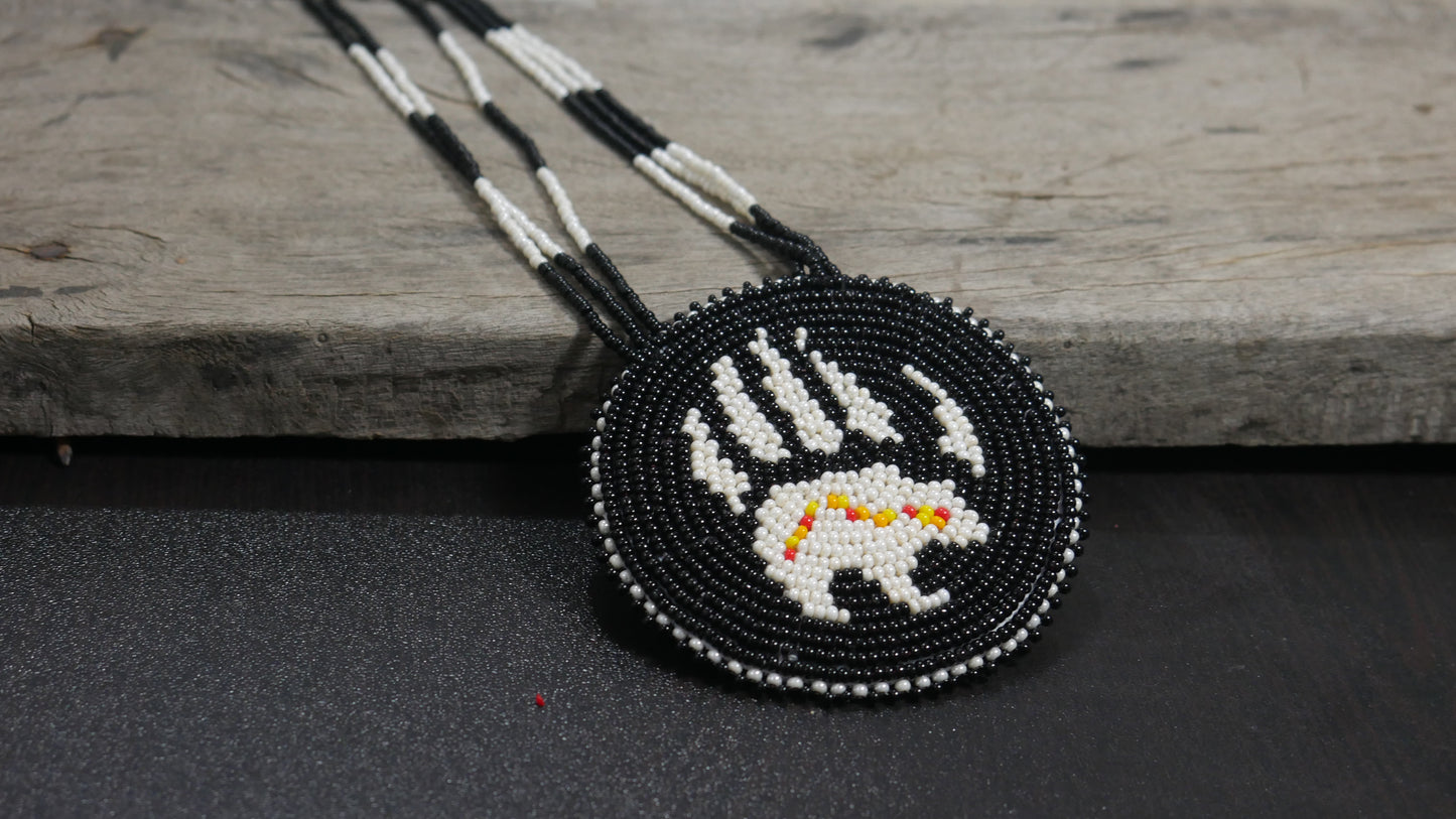 Cream Native American Bear-paw Beaded Medallion Necklace ( Handmade )