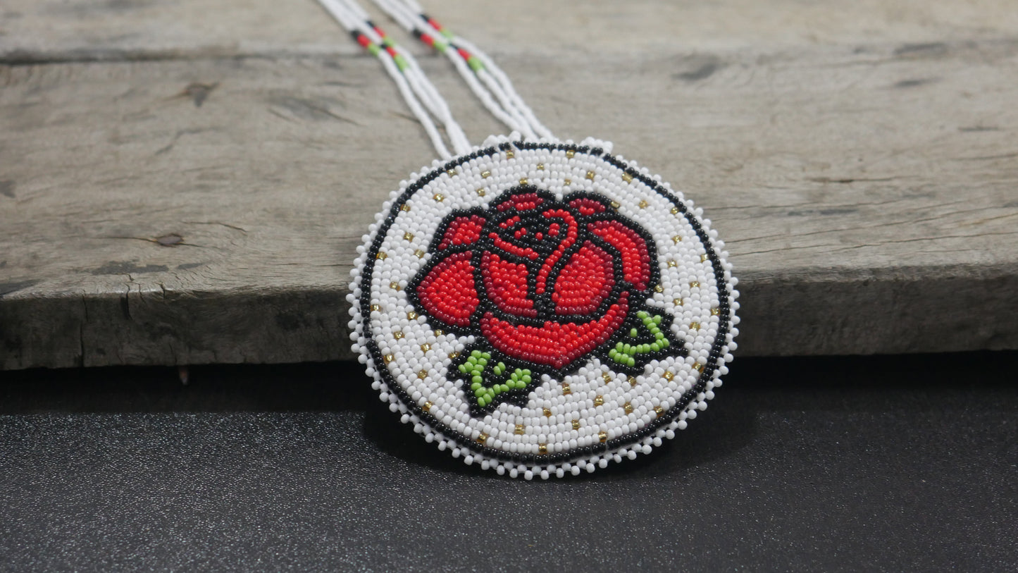White Native American Rose Beaded Medallion Necklace ( Handmade )