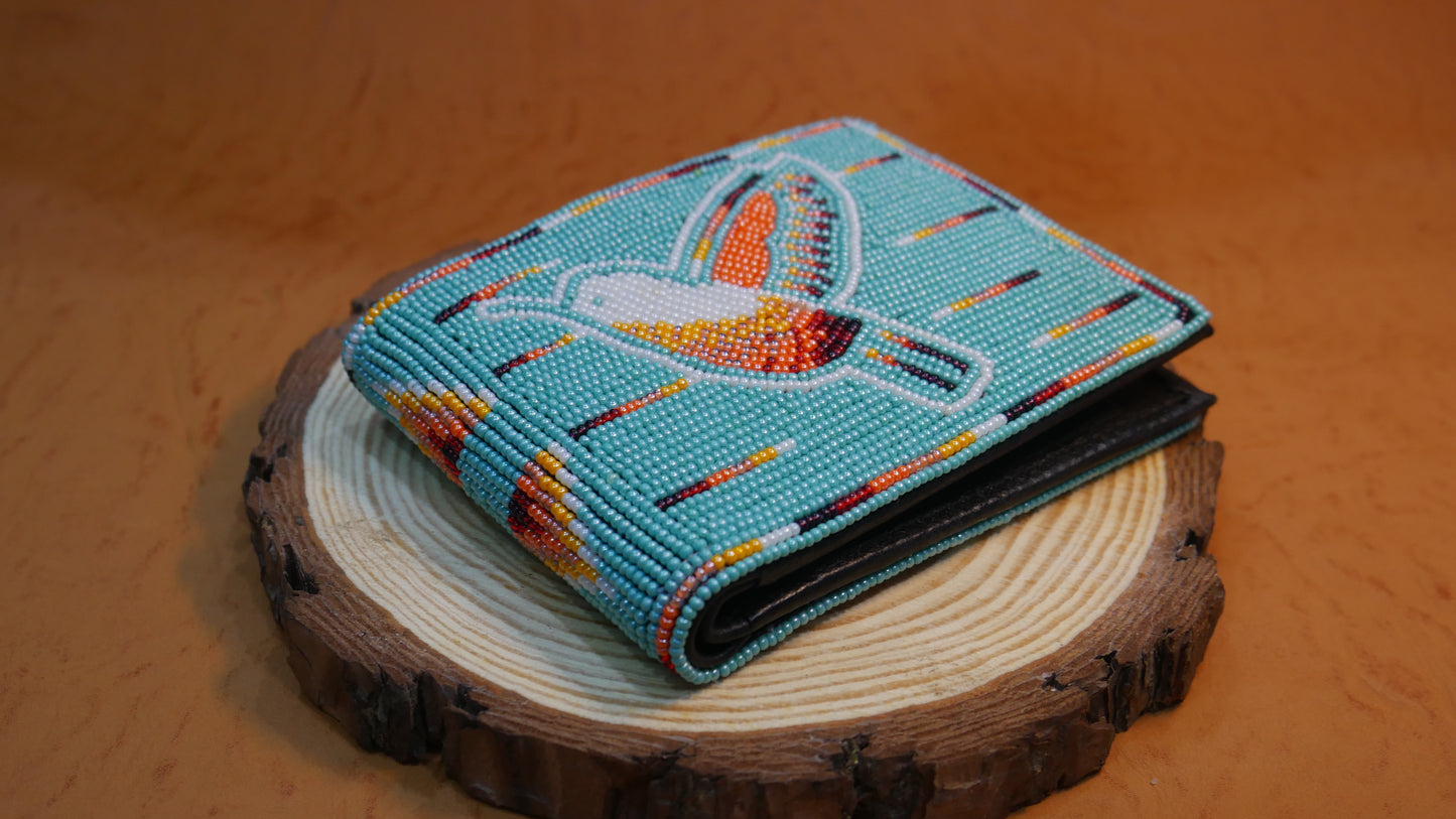 Turquoise Hummingbird Handmade beaded Leather Wallet seed bead  Native American Beadwork| traditional gifts for men and women
