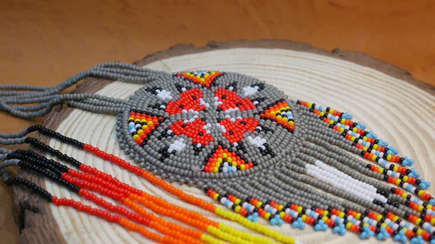 Grey Native American  4 Fox Beaded Medallion Necklace ( Handmade )
