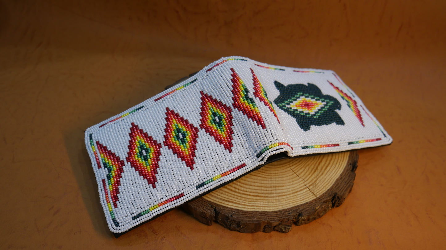White Turtle Handmade beaded Leather Wallet seed bead  Native American Beadwork| traditional gifts for men and women