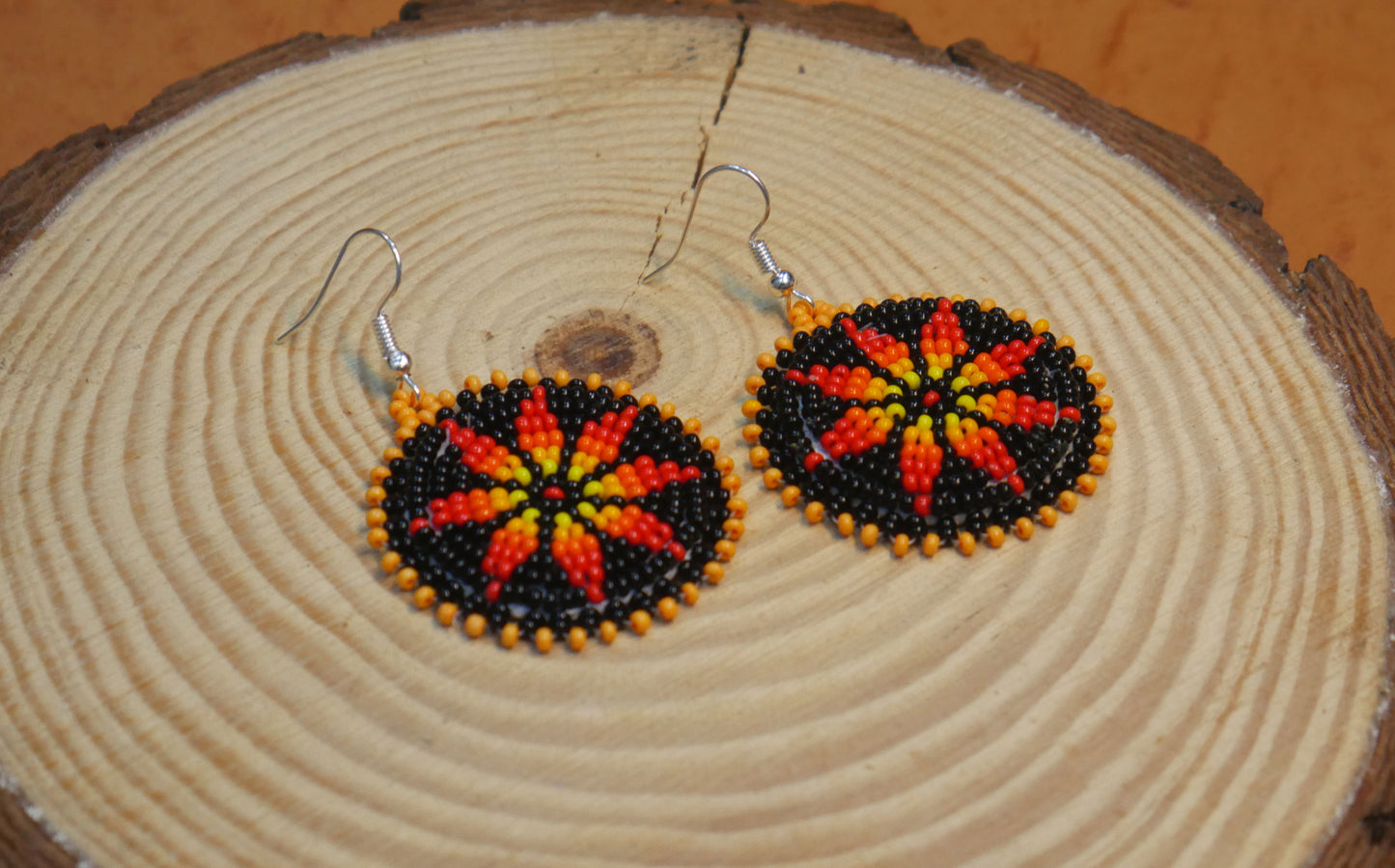 Black Fire Handmade Native American Seed Beads Beaded Earrings