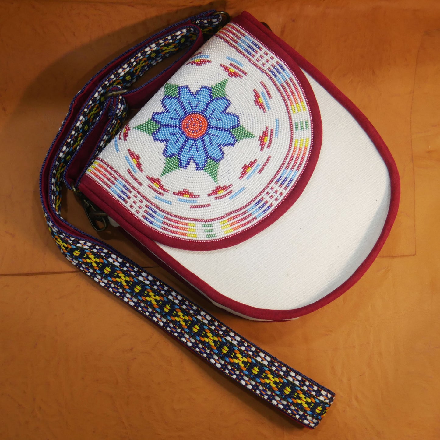 Handmade Beaded Canvas Crossbody Bag , Shoulder Bag, Gift for Her, Gift for him (White Floral Pattern-2)