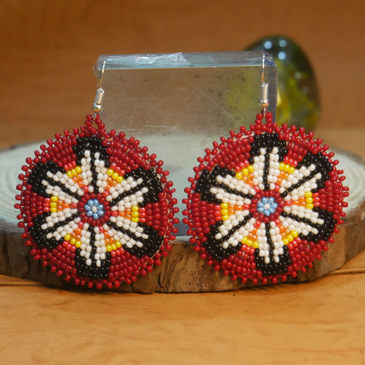 Red Handmade Native American Seed Beads Beaded Earrings