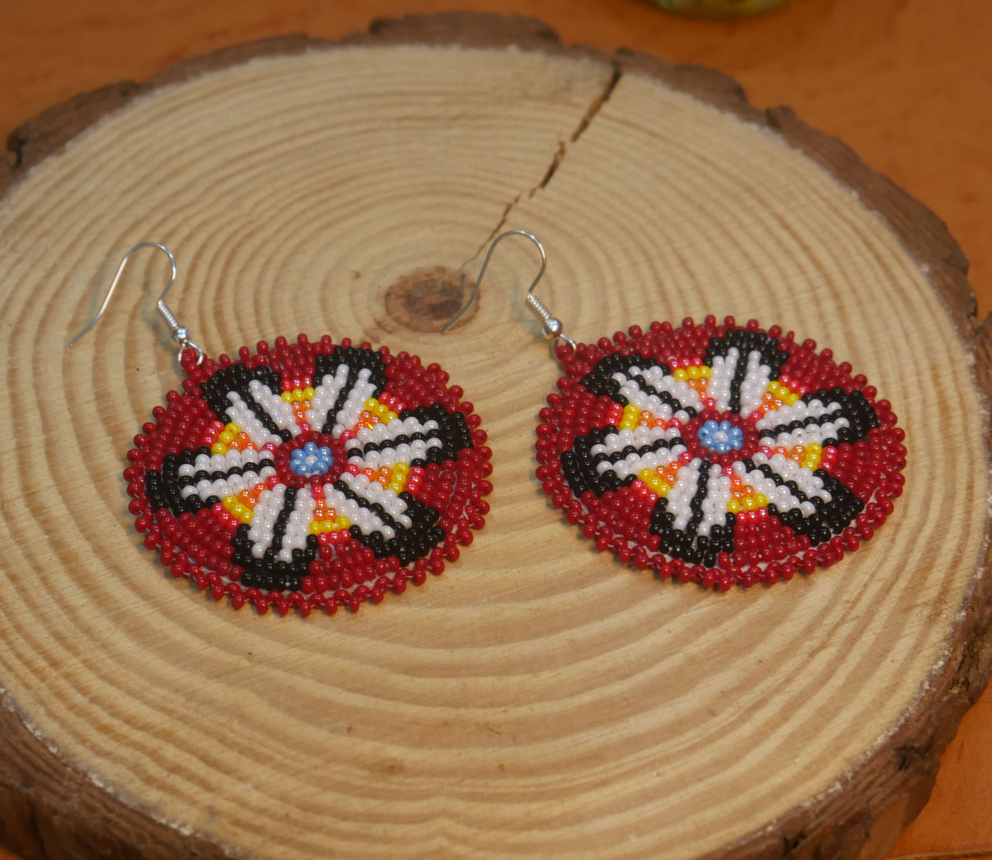 Red Handmade Native American Seed Beads Beaded Earrings