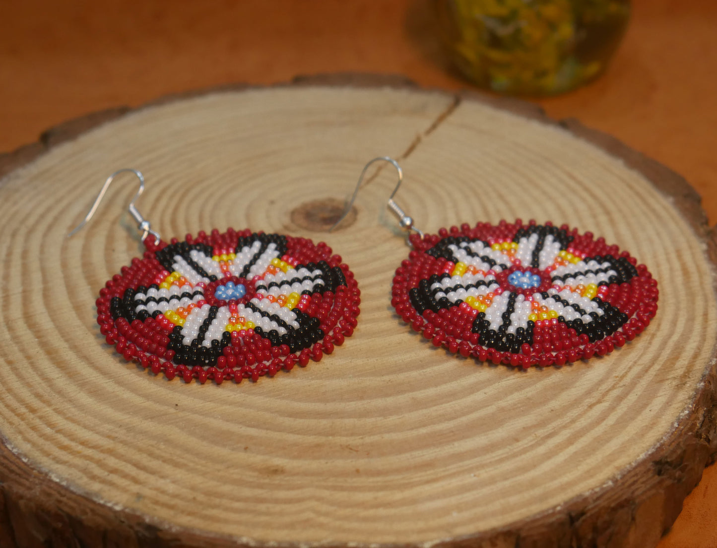 Red Handmade Native American Seed Beads Beaded Earrings