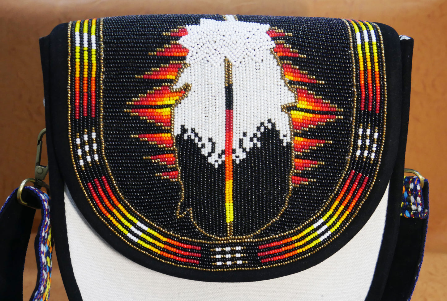 Handmade  Beaded Canvas Crossbody Bag , Shoulder Bag, Gift for Her, Gift for him (Black Feather)