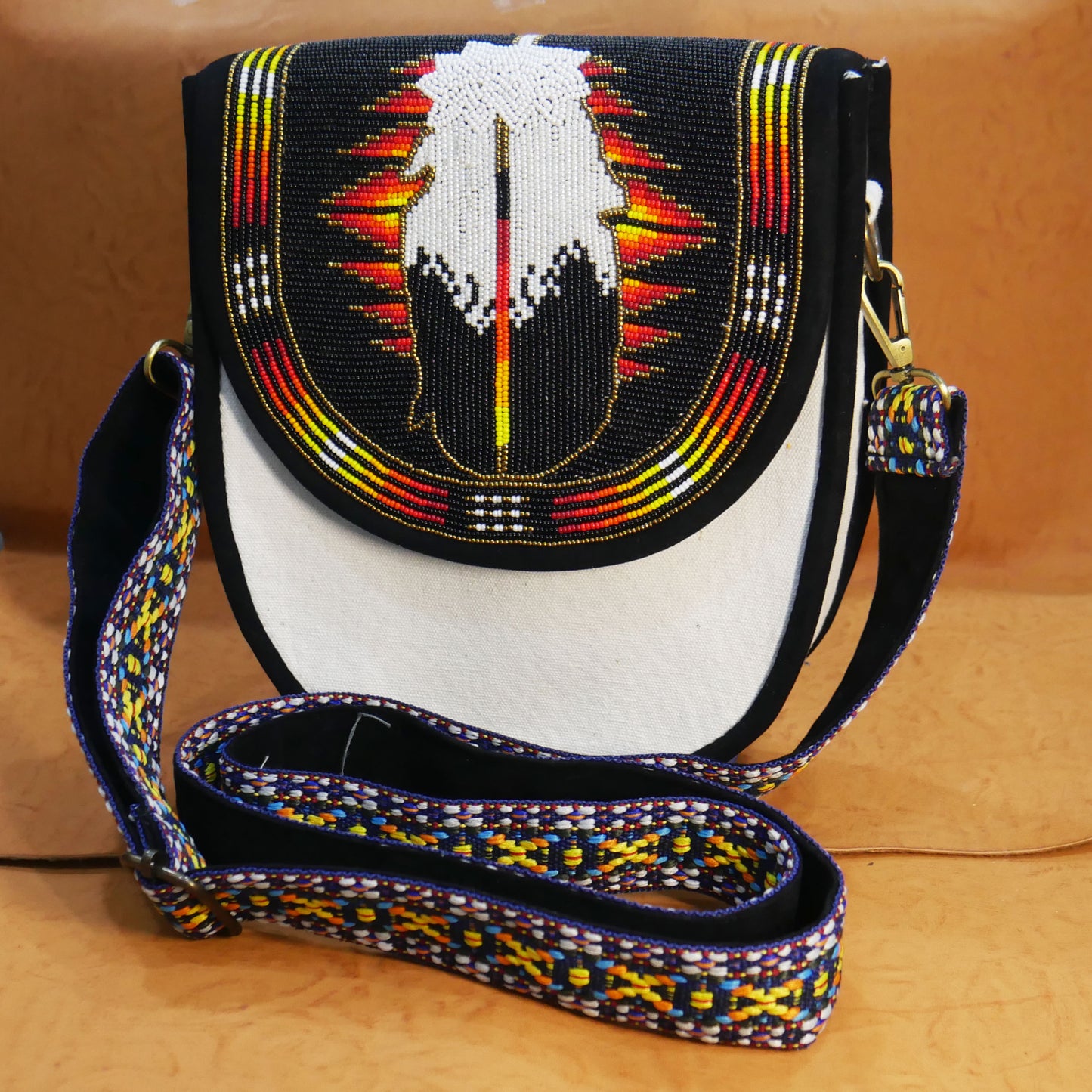 Handmade  Beaded Canvas Crossbody Bag , Shoulder Bag, Gift for Her, Gift for him (Black Feather)