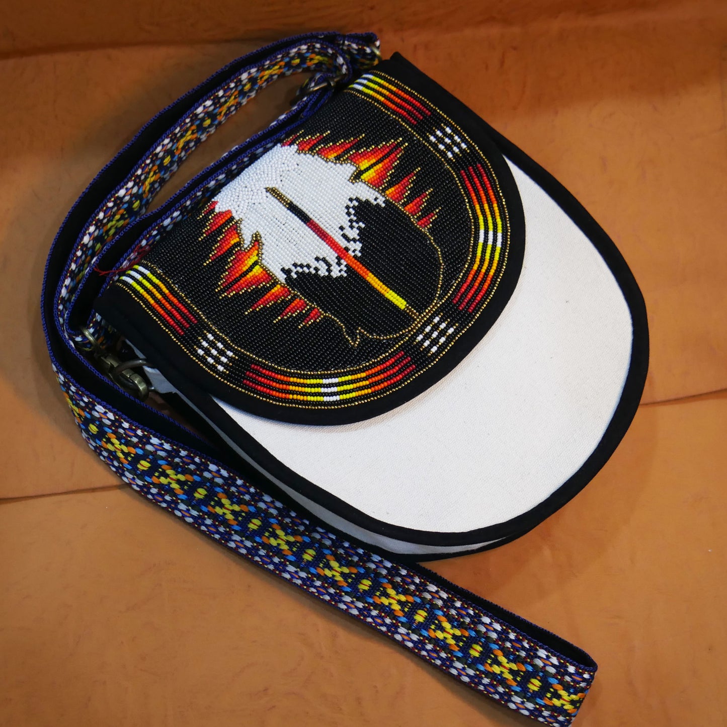 Handmade  Beaded Canvas Crossbody Bag , Shoulder Bag, Gift for Her, Gift for him (Black Feather)