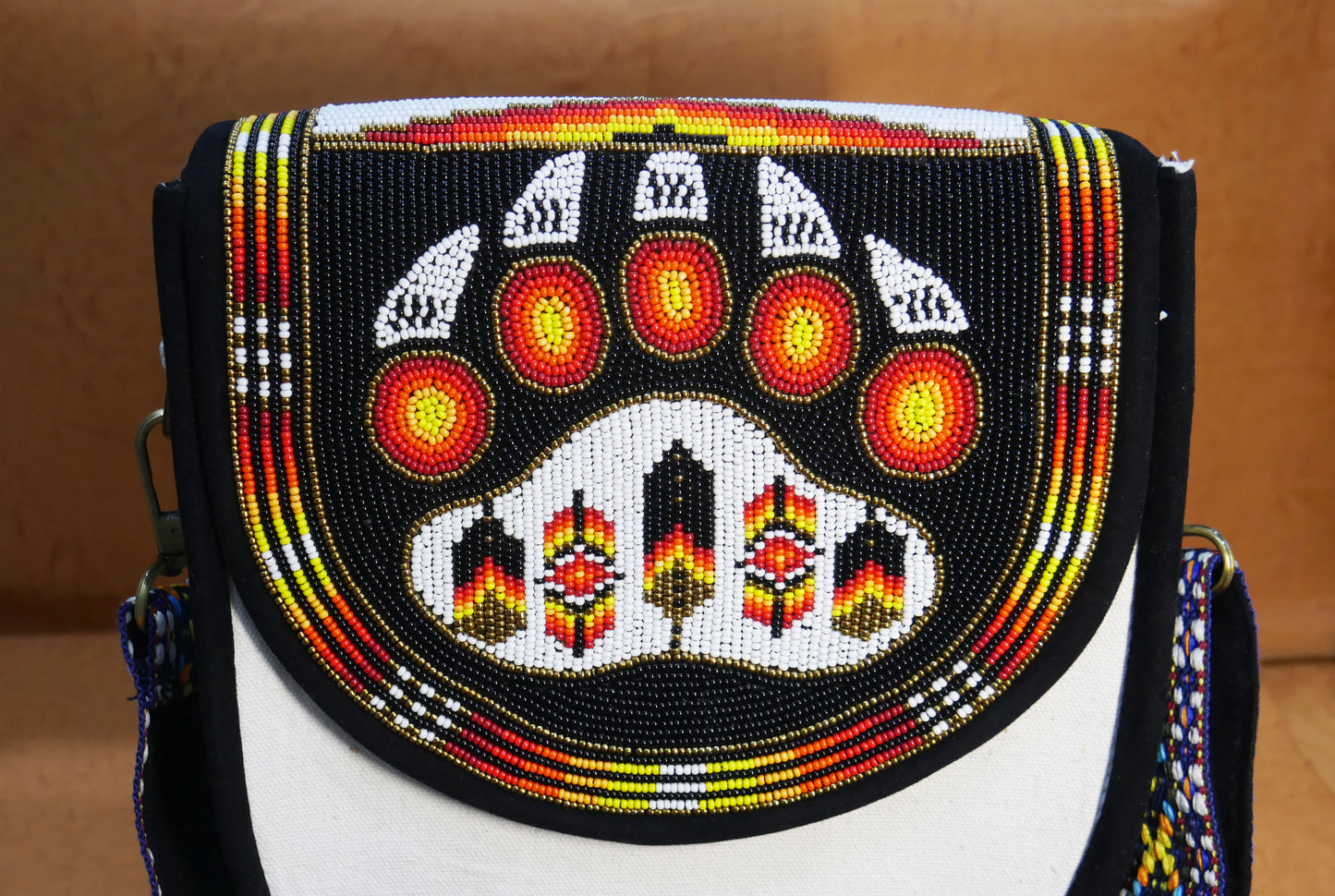 Handmade  Beaded Canvas Crossbody Bag , Shoulder Bag, Gift for Her, Gift for him ( Black Bear-Paw )