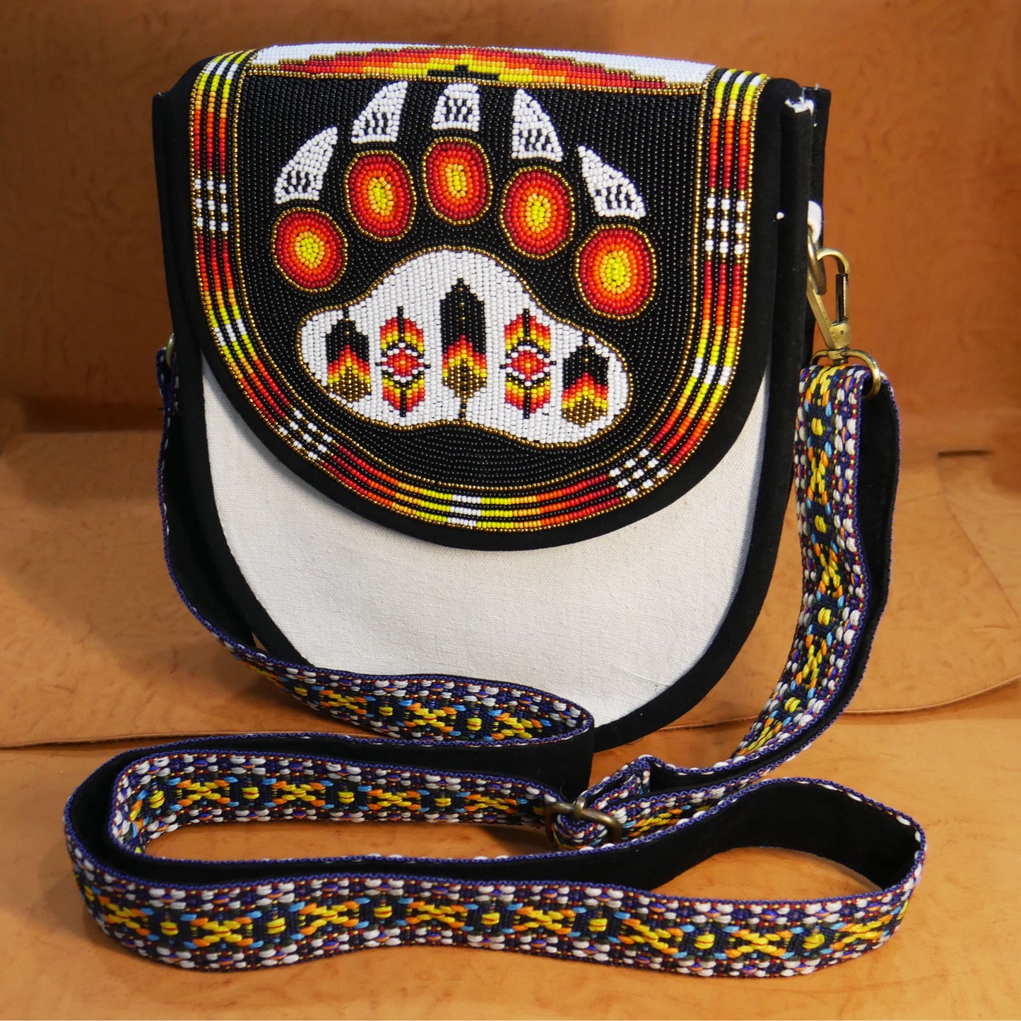 Handmade  Beaded Canvas Crossbody Bag , Shoulder Bag, Gift for Her, Gift for him ( Black Bear-Paw )
